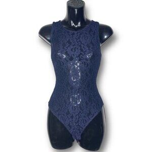 Laundry by Shelli Segal Size S Navy High Neck Sheer Lace Sleeveless Bodysuit